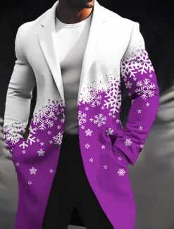 OUKU Men's Snowflake Winter Coat Overcoat Coat Warm Breathable Comfortable Business Casual Christmas Work Wear to work Pocket Print Fall & Winter Turndown Long Sleeve Wine Blue Purple