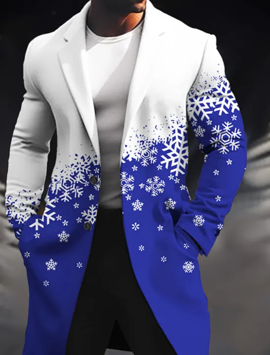 OUKU Men's Snowflake Winter Coat Overcoat Coat Warm Breathable Comfortable Business Casual Christmas Work Wear to work Pocket Print Fall & Winter Turndown Long Sleeve Wine Blue Purple