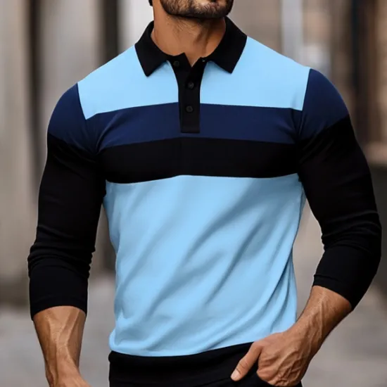 Best OUKU Men's Solid Color Rugby Polo Shirts Long Sleeve Polo Shirts Lapel Classic Fashion 3D Print Modern Casual Sports Pocket Fall Winter White Light Blue Grey
