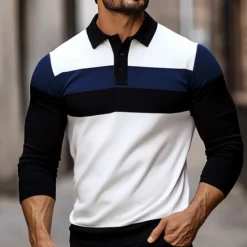 Best OUKU Men's Solid Color Rugby Polo Shirts Long Sleeve Polo Shirts Lapel Classic Fashion 3D Print Modern Casual Sports Pocket Fall Winter White Light Blue Grey