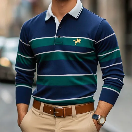 Discount OUKU Men's Solid Color Rugby Polo Shirts Golf Polos Shirts Long Sleeve Polo Shirts Lapel Classic Fashion Basic Modern Casual Sports Logo Fall Winter Burgundy Navy Blue Purple