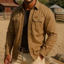 Sale OUKU Men's Solid Color Work Shirt Western Shirt Cargo Shirt Long Sleeve Casual Tactical Sports Outdoor WorkWear Spring Fall Turndown Front Two Pockets Button Up Shirts Army Green Khaki