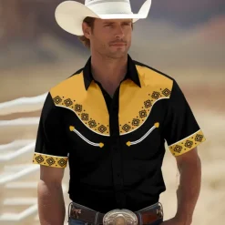 Clearance OUKU Men's Southwestern Print Shirt Western Shirt Cowboy Shirt Short Sleeve Western Style Tribal Summer Spring Shirt Collar Black Yellow Red Green