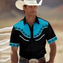 Clearance OUKU Men's Southwestern Print Shirt Western Shirt Cowboy Shirt Short Sleeve Western Style Tribal Summer Spring Shirt Collar Black Yellow Red Green