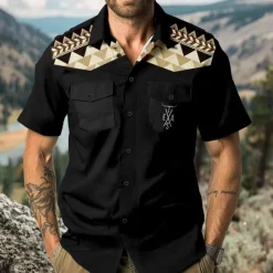 Clearance OUKU Men's Southwestern Print Shirt Western Shirt Cowboy Shirt Short Sleeve Western Style Outdoor Summer Spring Shirt Collar Black Khaki