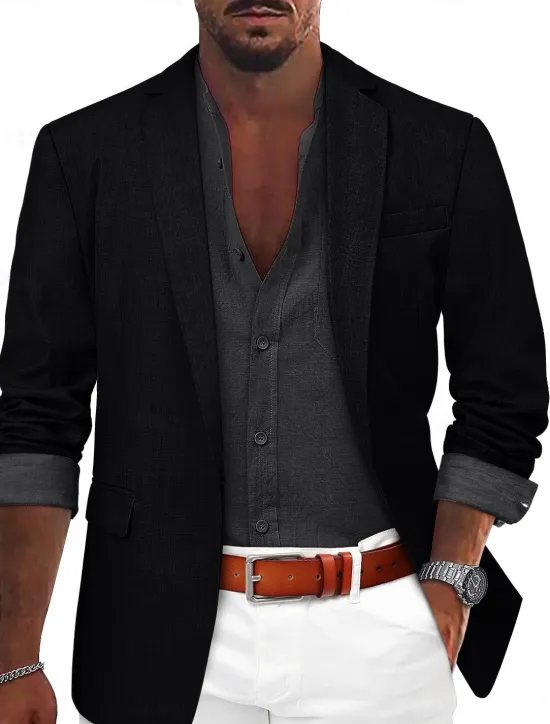 Sale OUKU Men's Sport Coat Linen Blazer Summer Wedding Fashion Casual Solid Colored Linen Blazer ArmyGreen Black Blue Tailored Fit Single Breasted One-button