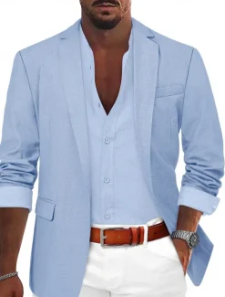 Sale OUKU Men's Sport Coat Linen Blazer Summer Wedding Fashion Casual Solid Colored Linen Blazer ArmyGreen Black Blue Tailored Fit Single Breasted One-button