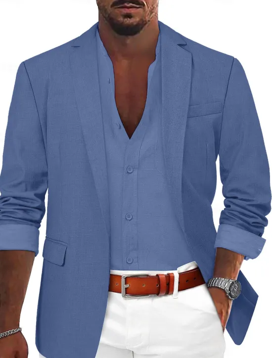 Sale OUKU Men's Sport Coat Linen Blazer Summer Wedding Fashion Casual Solid Colored Linen Blazer ArmyGreen Black Blue Tailored Fit Single Breasted One-button