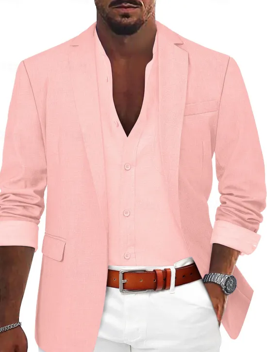 Sale OUKU Men's Sport Coat Linen Blazer Summer Wedding Fashion Casual Solid Colored Linen Blazer ArmyGreen Black Blue Tailored Fit Single Breasted One-button