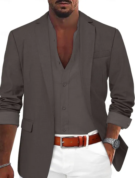 Sale OUKU Men's Sport Coat Linen Blazer Summer Wedding Fashion Casual Solid Colored Linen Blazer ArmyGreen Black Blue Tailored Fit Single Breasted One-button