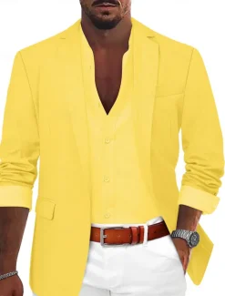 Sale OUKU Men's Sport Coat Linen Blazer Summer Wedding Fashion Casual Solid Colored Linen Blazer ArmyGreen Black Blue Tailored Fit Single Breasted One-button