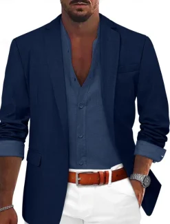Sale OUKU Men's Sport Coat Linen Blazer Summer Wedding Fashion Casual Solid Colored Linen Blazer ArmyGreen Black Blue Tailored Fit Single Breasted One-button