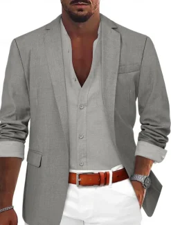 Sale OUKU Men's Sport Coat Linen Blazer Summer Wedding Fashion Casual Solid Colored Linen Blazer ArmyGreen Black Blue Tailored Fit Single Breasted One-button