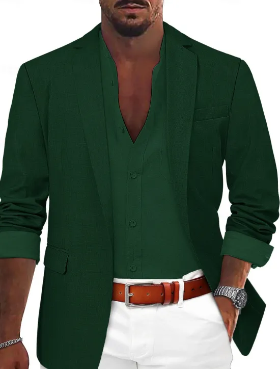 Sale OUKU Men's Sport Coat Linen Blazer Summer Wedding Fashion Casual Solid Colored Linen Blazer ArmyGreen Black Blue Tailored Fit Single Breasted One-button