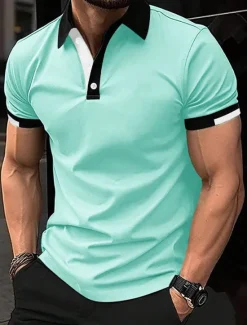 OUKU Men's Sport Polo Golf Shirt Casual Sports Tops Ribbed Polo Collar Short Sleeve Fashion Basic Solid Color Patchwork Summer Regular Fit Black White Red Blue Green Sport Polo