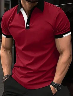 OUKU Men's Sport Polo Golf Shirt Casual Sports Tops Ribbed Polo Collar Short Sleeve Fashion Basic Solid Color Patchwork Summer Regular Fit Black White Red Blue Green Sport Polo