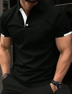 OUKU Men's Sport Polo Golf Shirt Casual Sports Tops Ribbed Polo Collar Short Sleeve Fashion Basic Solid Color Patchwork Summer Regular Fit Black White Red Blue Green Sport Polo