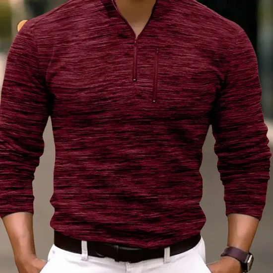 OUKU Men's Sport Polo Quarter Zip Polo Street Vacation Quarter Zip Long Sleeve Fashion Basic Solid Color Pocket Spring & Fall Regular Fit Burgundy Green Dark Grey Coffee Sport Polo