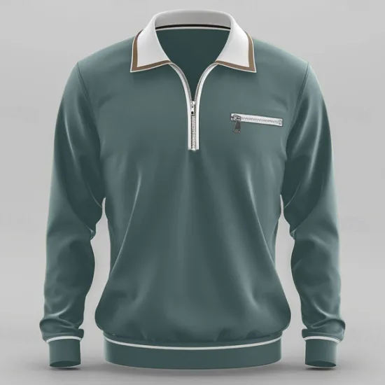 Online OUKU Men's Sport Polo Quarter Zip Polo Street Vacation Quarter Zip Long Sleeve Fashion Basic Solid Color Pocket Spring & Fall Regular Fit Green Dark Grey Sport Polo