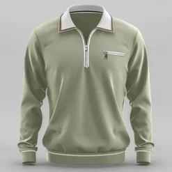Online OUKU Men's Sport Polo Quarter Zip Polo Street Vacation Quarter Zip Long Sleeve Fashion Basic Solid Color Pocket Spring & Fall Regular Fit Green Dark Grey Sport Polo