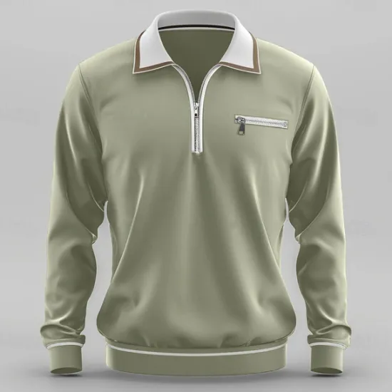Online OUKU Men's Sport Polo Quarter Zip Polo Street Vacation Quarter Zip Long Sleeve Fashion Basic Solid Color Pocket Spring & Fall Regular Fit Green Dark Grey Sport Polo