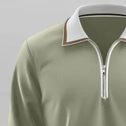 Online OUKU Men's Sport Polo Quarter Zip Polo Street Vacation Quarter Zip Long Sleeve Fashion Basic Solid Color Pocket Spring & Fall Regular Fit Green Dark Grey Sport Polo