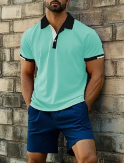 Clearance OUKU Men's Sports Polo Shirts Golf Shirt Casual Ribbed Polo Collar Short Sleeve Fashion Basic Solid Color Patchwork Summer Regular Fit Black White Red Blue Green Sports Polo Shirts
