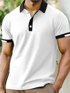 Online OUKU Men's Sports Polo Shirts Golf Shirt Casual Ribbed Polo Collar Short Sleeve Fashion Basic Solid Color Patchwork Summer Regular Fit Black White Red Blue Green Sports Polo Shirts