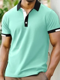 Online OUKU Men's Sports Polo Shirts Golf Shirt Casual Ribbed Polo Collar Short Sleeve Fashion Basic Solid Color Patchwork Summer Regular Fit Black White Red Blue Green Sports Polo Shirts