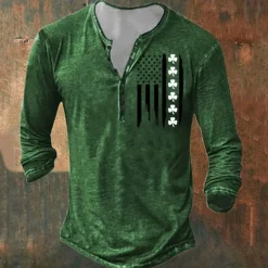 Best OUKU Men's St. Patrick Shamrock American Flag Henley Shirt T shirt Tee Tee Top Long Sleeve 3D Print Fashion Designer Basic Vacation St.Patrick's Day Street Spring & Fall Black Dark Green Green Gray Henley