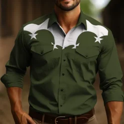 Sale OUKU Men's Star Shirt Western Shirt Cowboy Shirt Long Sleeve Casual Outdoor Street Casual Daily Fall & Winter Turndown Buttons Print Black Burgundy Dark Navy Sky Blue Olive