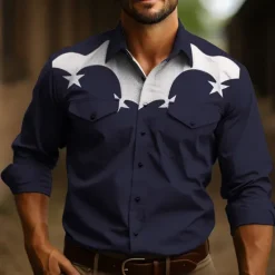 Sale OUKU Men's Star Shirt Western Shirt Cowboy Shirt Long Sleeve Casual Outdoor Street Casual Daily Fall & Winter Turndown Buttons Print Black Burgundy Dark Navy Sky Blue Olive