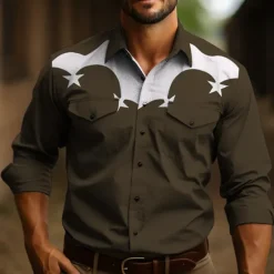 Sale OUKU Men's Star Shirt Western Shirt Cowboy Shirt Long Sleeve Casual Outdoor Street Casual Daily Fall & Winter Turndown Buttons Print Black Burgundy Dark Navy Sky Blue Olive