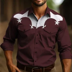 Sale OUKU Men's Star Shirt Western Shirt Cowboy Shirt Long Sleeve Casual Outdoor Street Casual Daily Fall & Winter Turndown Buttons Print Black Burgundy Dark Navy Sky Blue Olive