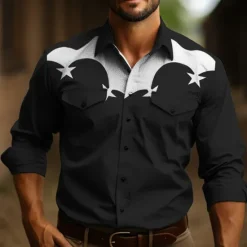 Sale OUKU Men's Star Shirt Western Shirt Cowboy Shirt Long Sleeve Casual Outdoor Street Casual Daily Fall & Winter Turndown Buttons Print Black Burgundy Dark Navy Sky Blue Olive