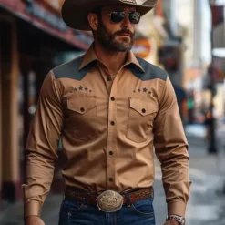 Hot OUKU Men's Star Western Shirt Cowboy Shirt Long Sleeve Western Spring Fall Turndown Button Up Brown