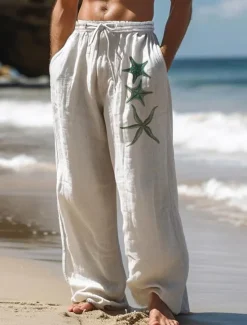 New OUKU Men's Starfish Linen Pants Pants Trousers Baggy Pants Mid Waist Vintage Outdoor Daily Wear Streetwear Side Pockets Elastic Drawstring Design White Blue Green
