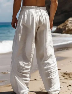 New OUKU Men's Starfish Linen Pants Pants Trousers Baggy Pants Mid Waist Vintage Outdoor Daily Wear Streetwear Side Pockets Elastic Drawstring Design White Blue Green