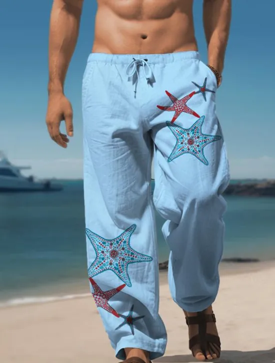 Sale OUKU Men's Starfish Linen Pants Pants Trousers Baggy Pants Mid Waist Vintage Outdoor Daily Wear Streetwear Elastic Drawstring Design Fall & Winter Blue Green Khaki