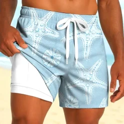 New OUKU Men's Starfish Sea Creatures Lined Shorts 2 in 1 Board Shorts Swim Shorts Mid Waist Hawaiian Holiday Side Pockets With Compression Liner Elastic Drawstring Waist Designer Clothing Apparel