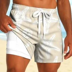 New OUKU Men's Starfish Sea Creatures Lined Shorts 2 in 1 Board Shorts Swim Shorts Mid Waist Hawaiian Holiday Side Pockets With Compression Liner Elastic Drawstring Waist Designer Clothing Apparel