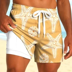 New OUKU Men's Starfish Sea Creatures Lined Shorts 2 in 1 Board Shorts Swim Shorts Mid Waist Hawaiian Holiday Side Pockets With Compression Liner Elastic Drawstring Waist Designer Clothing Apparel