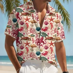 Outlet OUKU Men's Starfish Turtles Sea Creatures Shirt Summer Hawaiian Shirt Button Up Shirt Short Sleeve Hawaiian Resort Vacation Holiday Beach Wear Summer Spring Turndown 3D Print Collared Shirts Pink Apricot