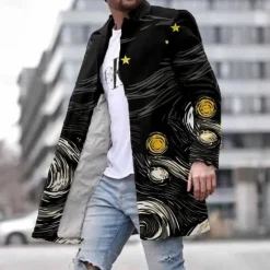 Sale OUKU Men's Starry Sky Winter Coat Overcoat Coat With Pockets Casual Daily Wear Vacation Going out Print Front Pocket Fall & Winter Turndown Long Sleeve Black