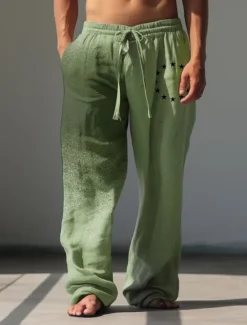 OUKU Men's Stars Linen Pants Pants Trousers Baggy Pants Mid Waist Vintage Outdoor Daily Wear Streetwear Fall & Winter White Green Khaki
