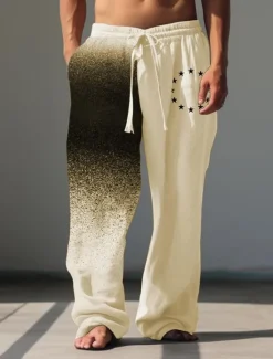 OUKU Men's Stars Linen Pants Pants Trousers Baggy Pants Mid Waist Vintage Outdoor Daily Wear Streetwear Fall & Winter White Green Khaki