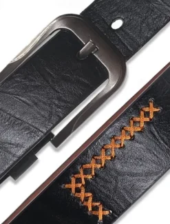 Clearance OUKU Men's Stitched Buckle Belt Vintage Jeans Belt Black