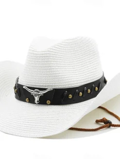 Hot OUKU Men's Straw Hat Sun Hat Cowboy Hat Fedora Trilby Hat Black White Straw Rope Vintage Style Fashion 18th Century State of Texas Daily Theme Party Solid / Plain Color Sunscreen Cosplay