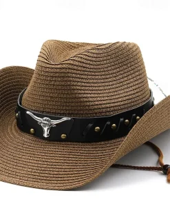 Hot OUKU Men's Straw Hat Sun Hat Cowboy Hat Fedora Trilby Hat Black White Straw Rope Vintage Style Fashion 18th Century State of Texas Daily Theme Party Solid / Plain Color Sunscreen Cosplay