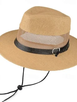 Clearance OUKU Men's Straw Hat Sun Hat Wild Brim Hat khaki Beige Linen Mesh Fashion Casual Street Daily Solid Color Adjustable Sunscreen Breathable